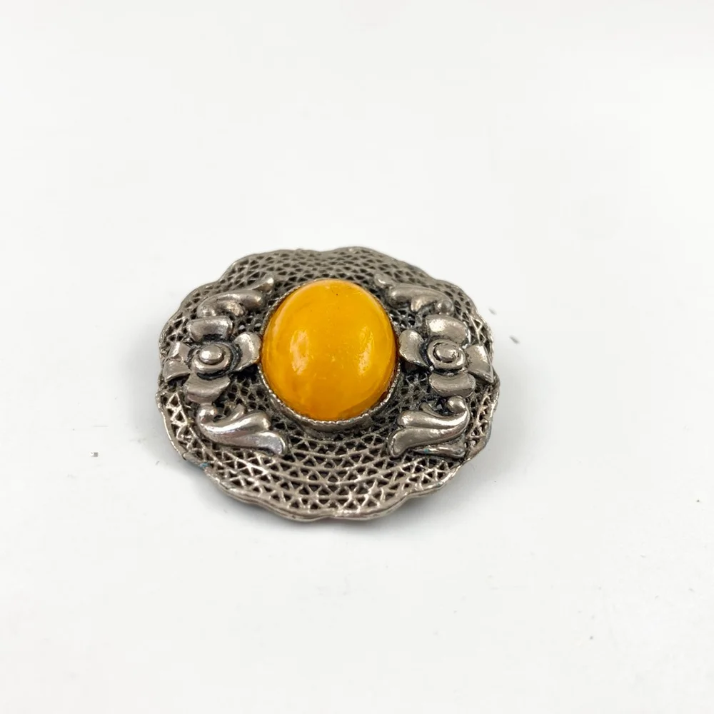 Vintage Chinese Export Filigree Orange Faux Amber Brooch Silver. - Picture 4 of 6